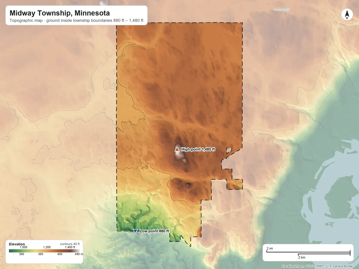 Topographic elevation map of Midway Township, Minnesota, shaded from 880 ft on the southwest side to 1,480 ft near the middle