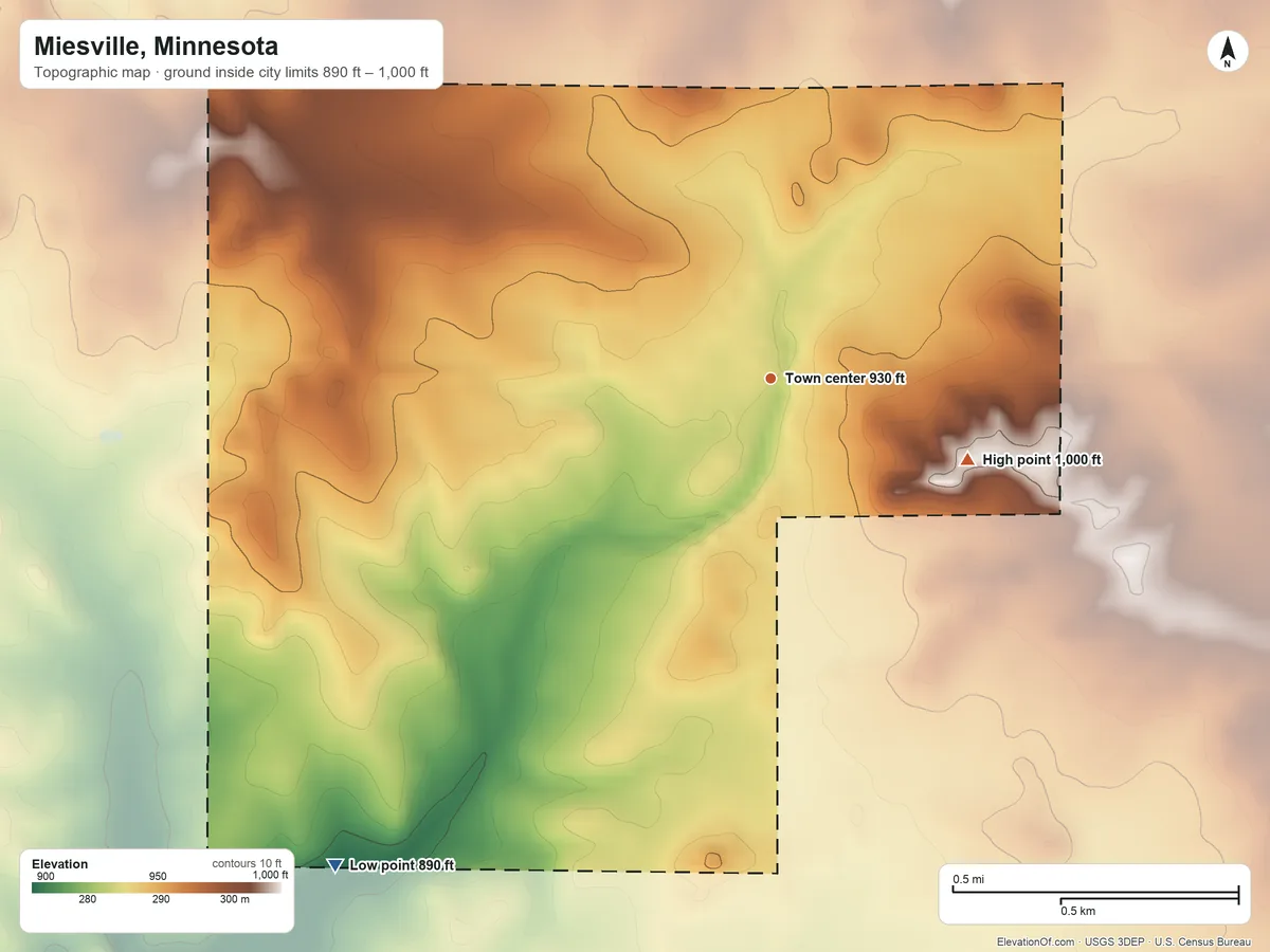 Topographic elevation map of Miesville, Minnesota, shaded from 890 ft on the southwest side to 1,000 ft on the east side
