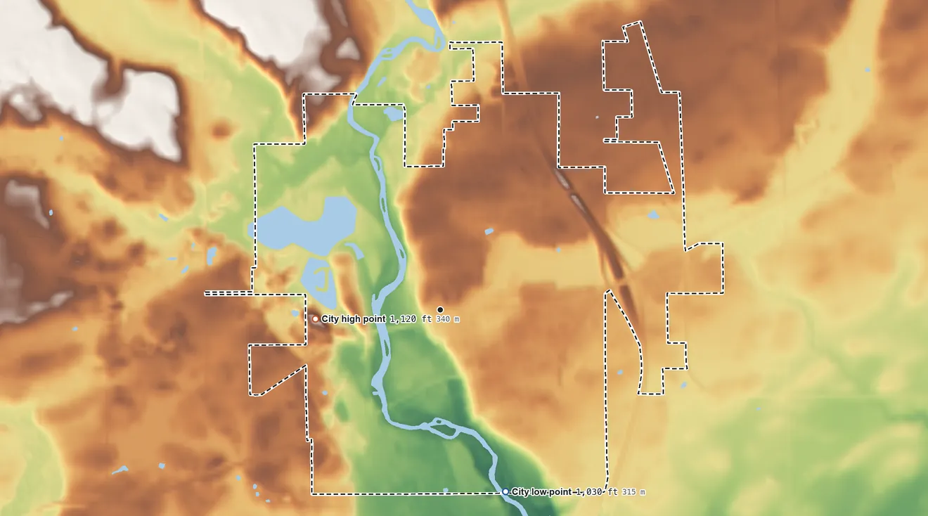 Topographic elevation map of Milaca, Minnesota, shaded from 1,030 ft on the south side to 1,120 ft on the west side