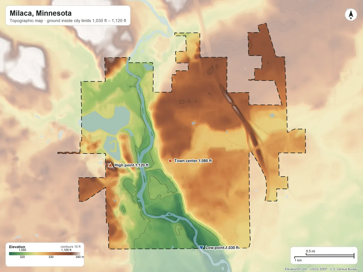 Topographic elevation map of Milaca, Minnesota, shaded from 1,030 ft on the south side to 1,120 ft on the west side