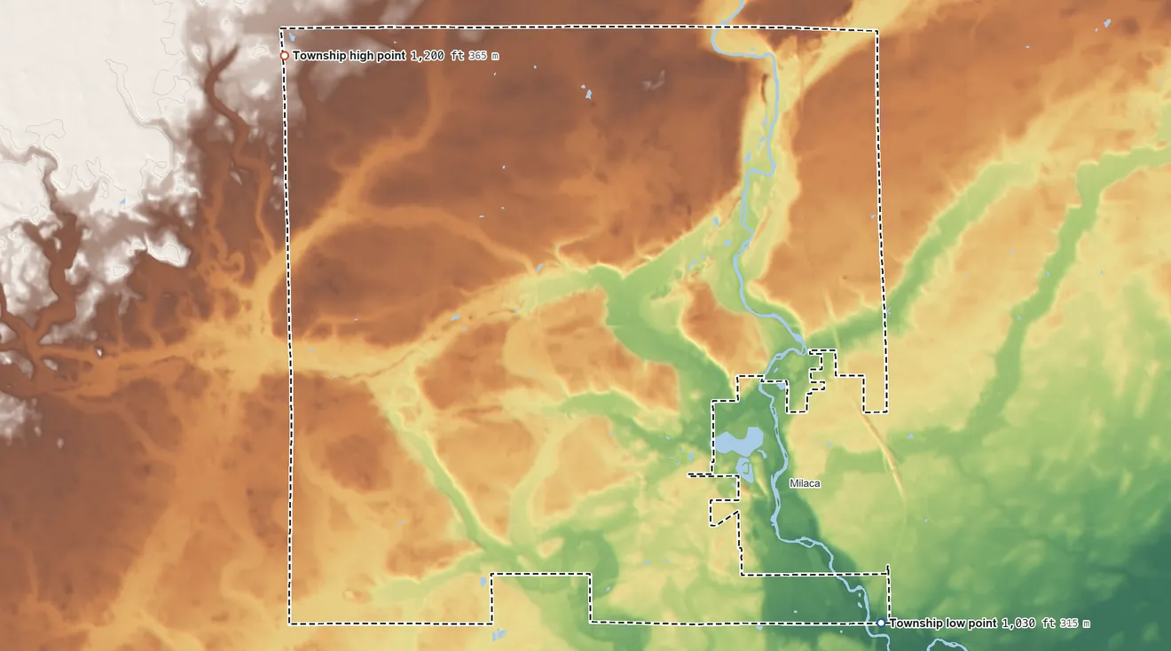 Topographic elevation map of Milaca Township, Minnesota, shaded from 1,030 ft on the southeast side to 1,200 ft on the northwest side