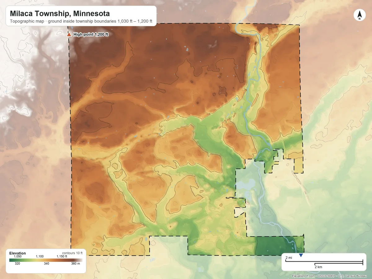 Topographic elevation map of Milaca Township, Minnesota, shaded from 1,030 ft on the southeast side to 1,200 ft on the northwest side