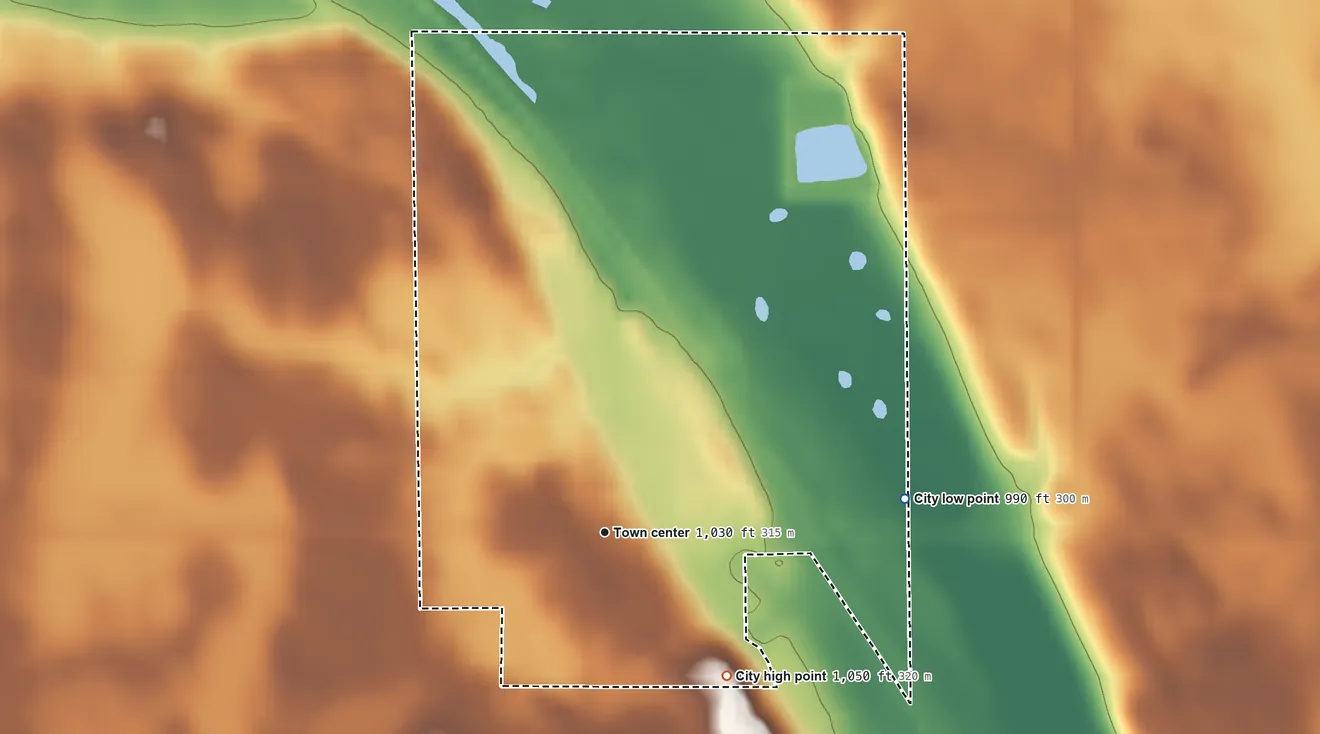 Topographic elevation map of Milan, Minnesota, shaded from 990 ft on the east side to 1,050 ft on the southeast side