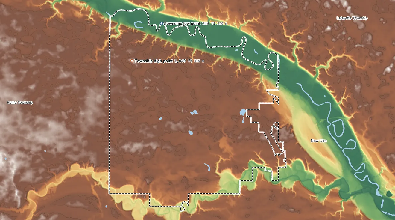 Topographic elevation map of Milford Township, Minnesota, shaded from 790 ft on the northwest side to 1,040 ft on the northwest side