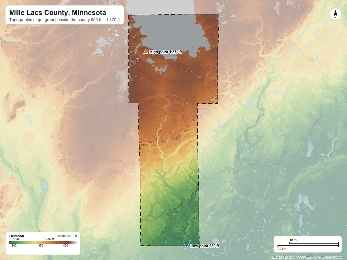 Topographic elevation map of Mille Lacs County, Minnesota, shaded from 950 ft on the south side to 1,370 ft on the north side
