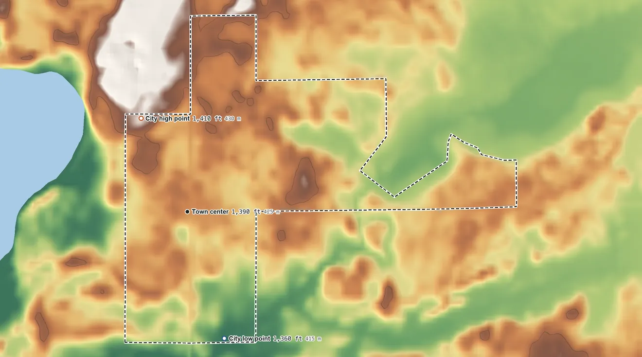 Topographic elevation map of Millerville, Minnesota, shaded from 1,360 ft on the south side to 1,410 ft on the northwest side