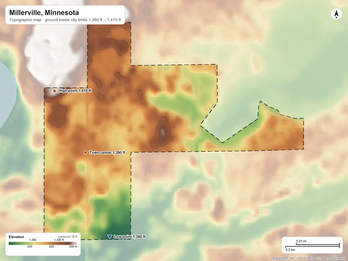 Topographic elevation map of Millerville, Minnesota, shaded from 1,360 ft on the south side to 1,410 ft on the northwest side