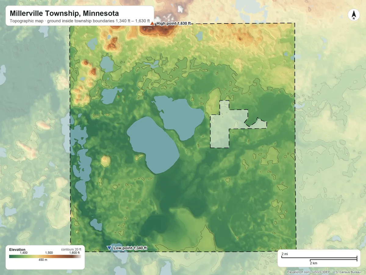Topographic elevation map of Millerville Township, Minnesota, shaded from 1,340 ft on the southwest side to 1,630 ft on the north side