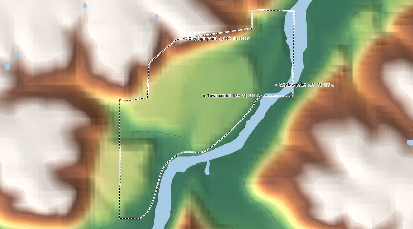 Topographic elevation map of Millville, Minnesota, shaded from 770 ft on the east side to 1,040 ft on the north side