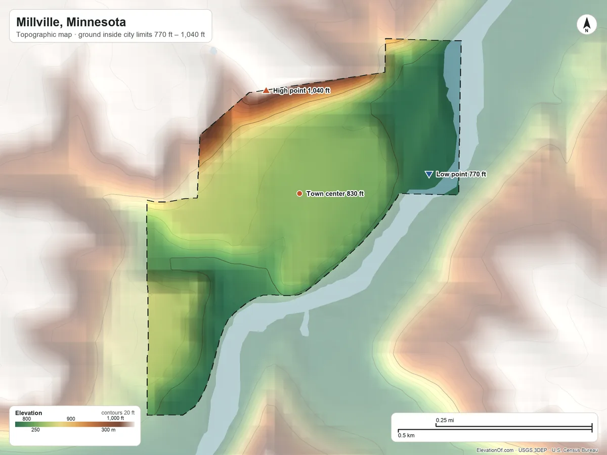 Topographic elevation map of Millville, Minnesota, shaded from 770 ft on the east side to 1,040 ft on the north side