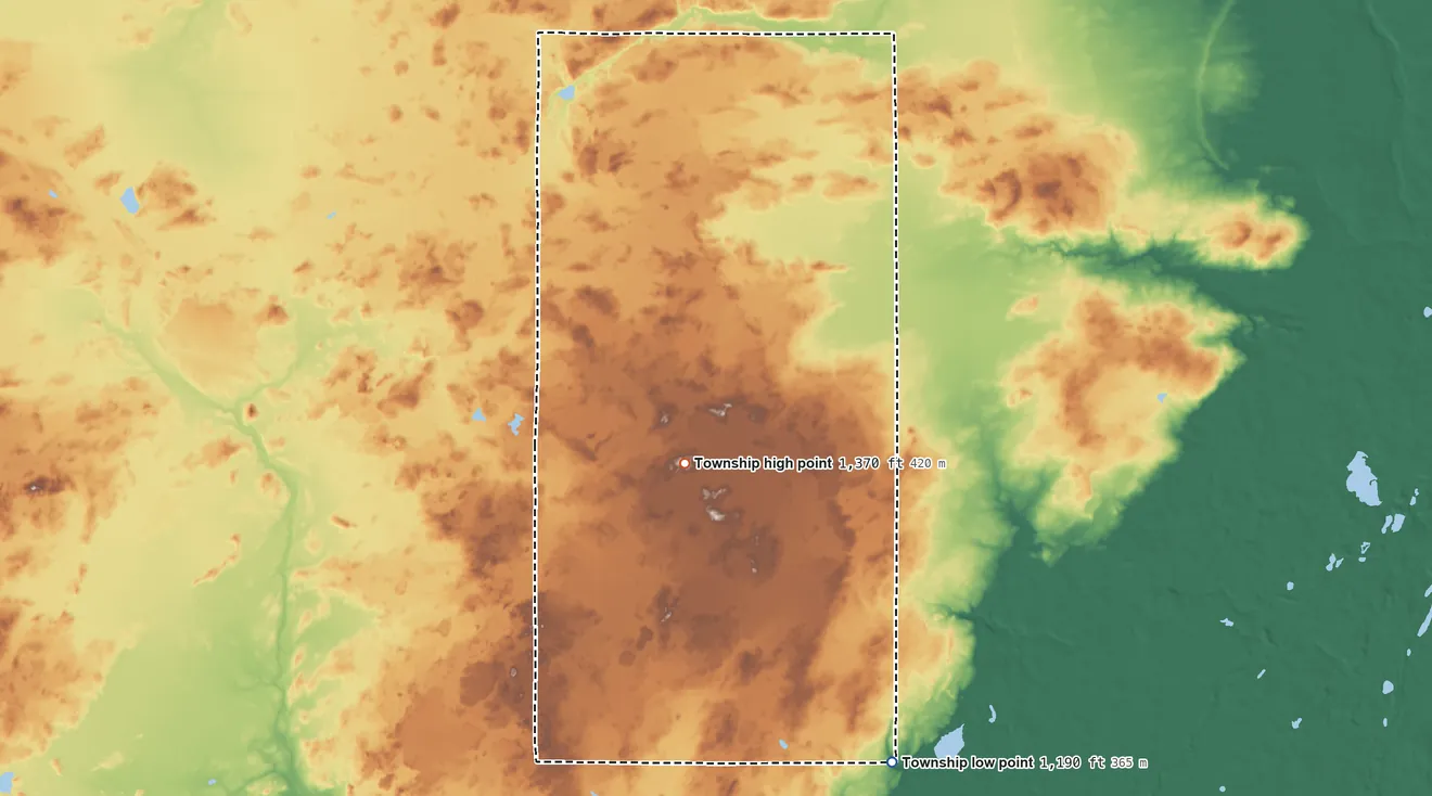 Topographic elevation map of Millward Township, Minnesota, shaded from 1,190 ft on the south side to 1,370 ft on the south side