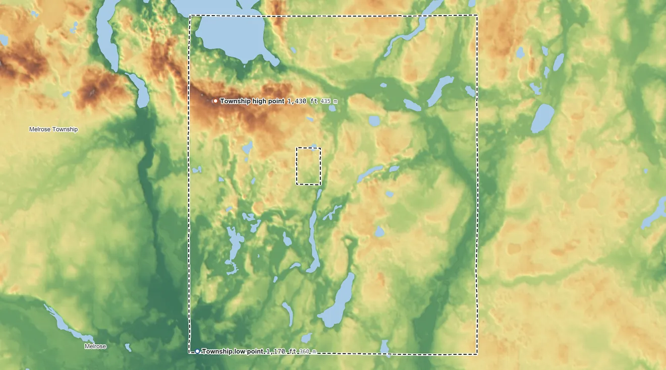 Topographic elevation map of Millwood Township, Minnesota, shaded from 1,170 ft on the southwest side to 1,430 ft on the northwest side