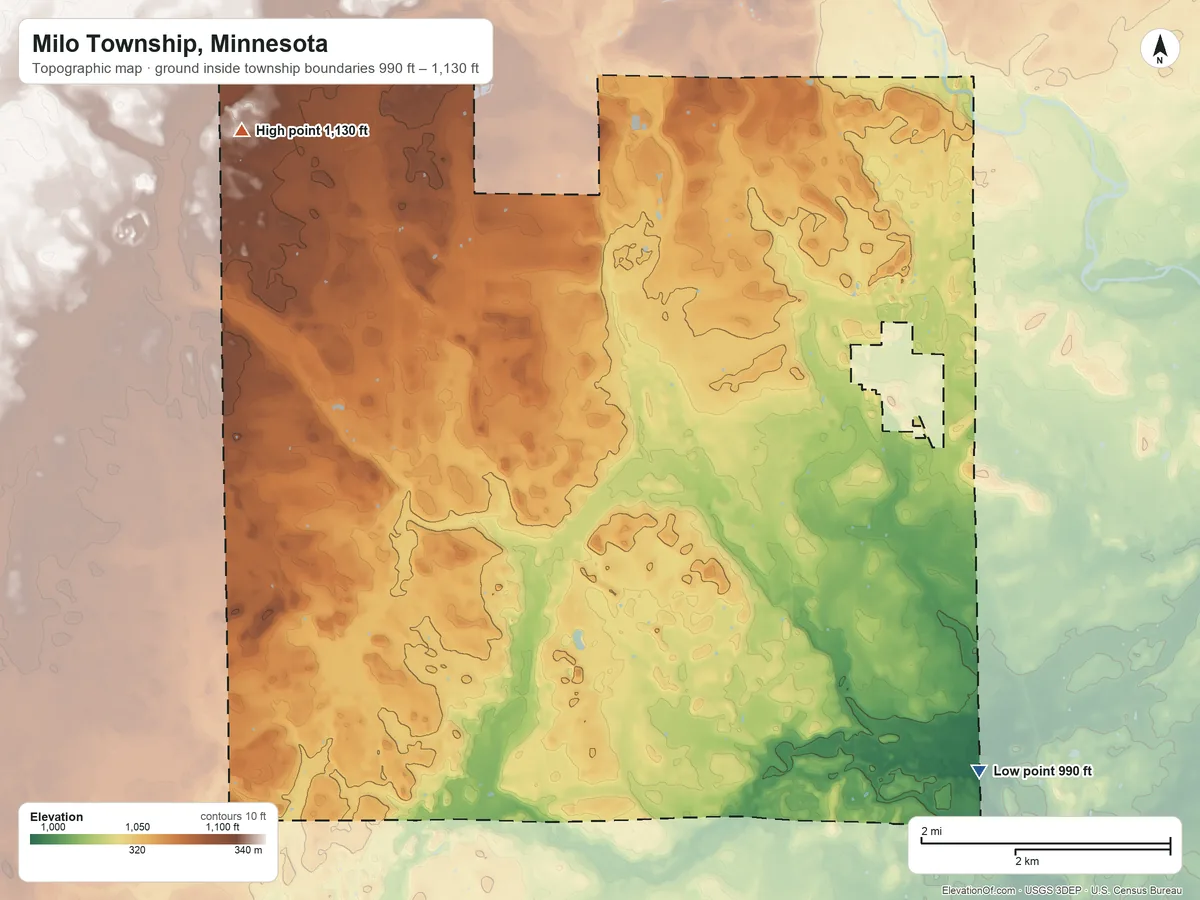 Topographic elevation map of Milo Township, Minnesota, shaded from 990 ft on the southeast side to 1,130 ft on the northwest side