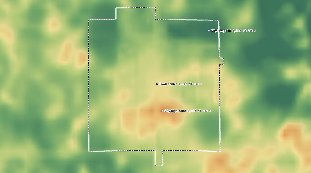 Topographic elevation map of Milroy, Minnesota, shaded from 1,100 ft on the northeast side to 1,120 ft on the south side