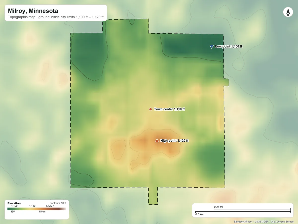 Topographic elevation map of Milroy, Minnesota, shaded from 1,100 ft on the northeast side to 1,120 ft on the south side
