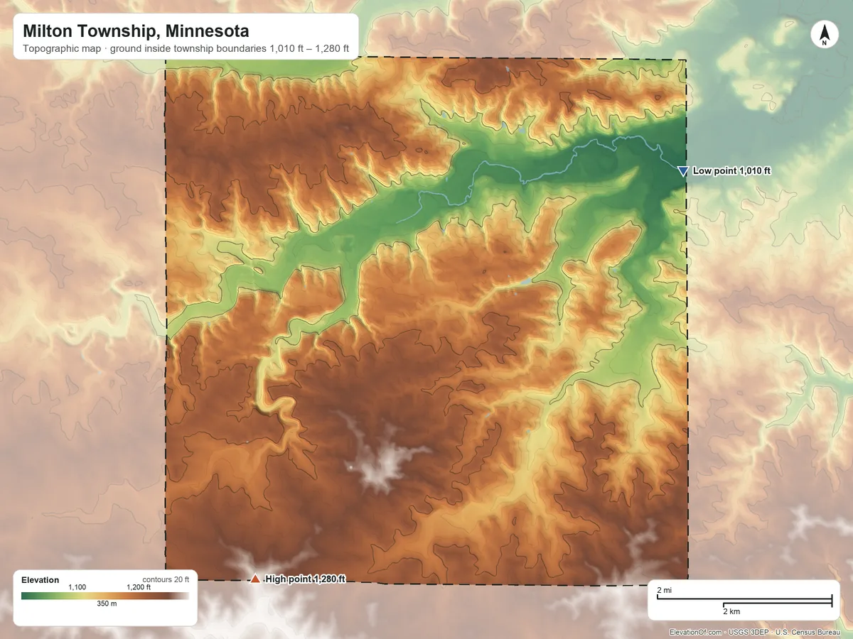 Topographic elevation map of Milton Township, Minnesota, shaded from 1,010 ft on the northeast side to 1,280 ft on the southwest side