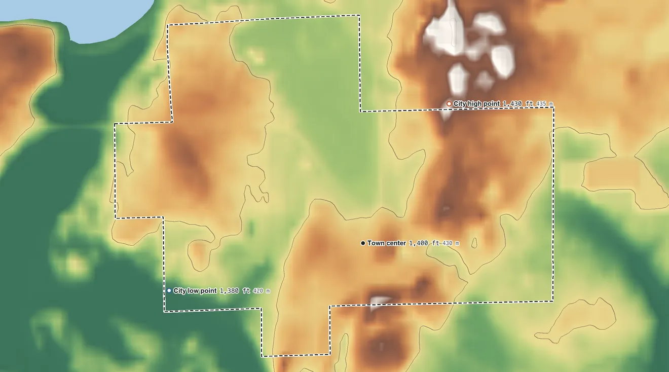 Topographic elevation map of Miltona, Minnesota, shaded from 1,380 ft on the west side to 1,430 ft on the northeast side
