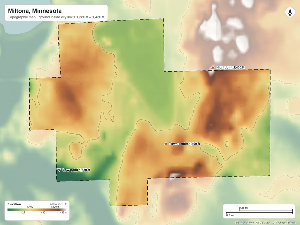 Topographic elevation map of Miltona, Minnesota, shaded from 1,380 ft on the west side to 1,430 ft on the northeast side