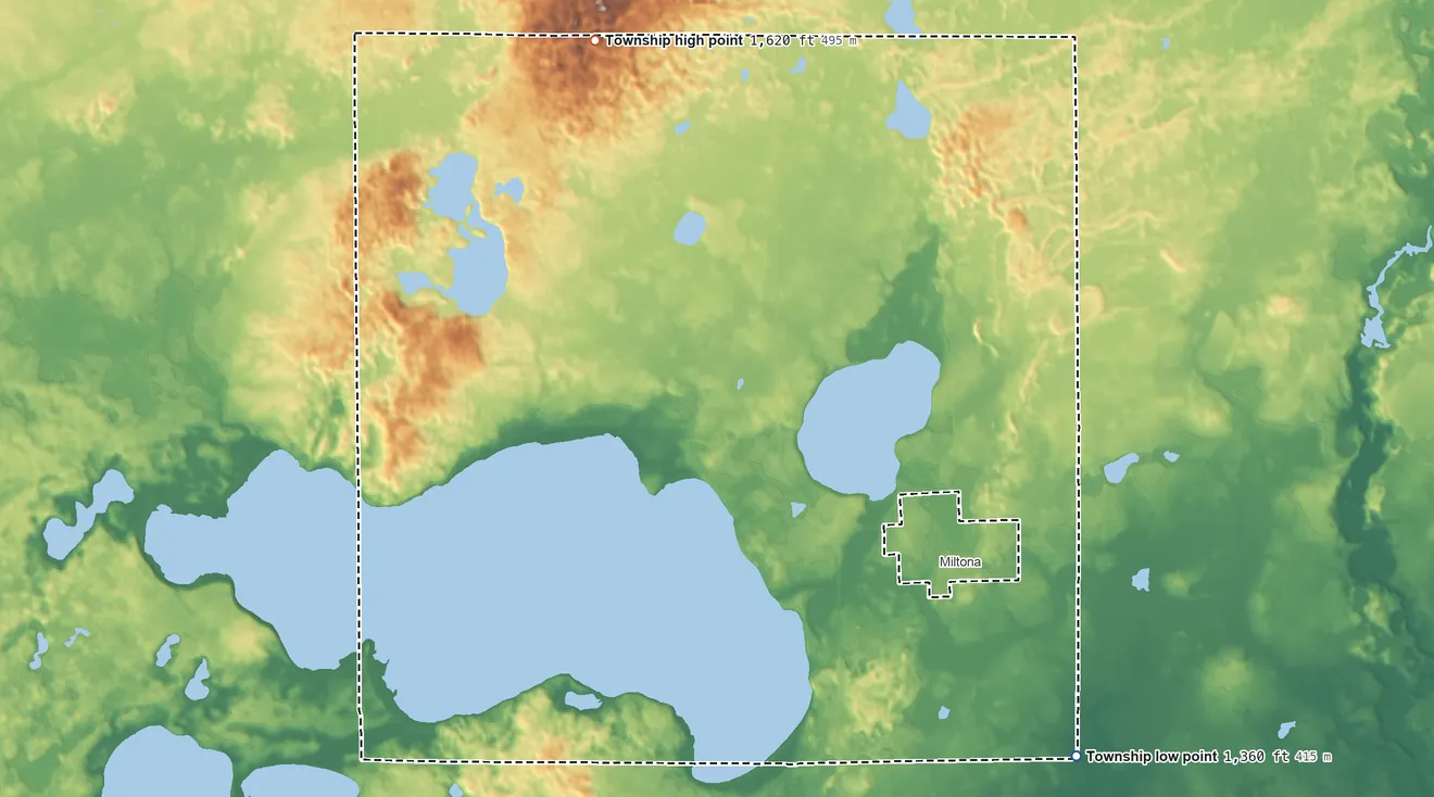 Topographic elevation map of Miltona Township, Minnesota, shaded from 1,360 ft on the southeast side to 1,620 ft on the north side