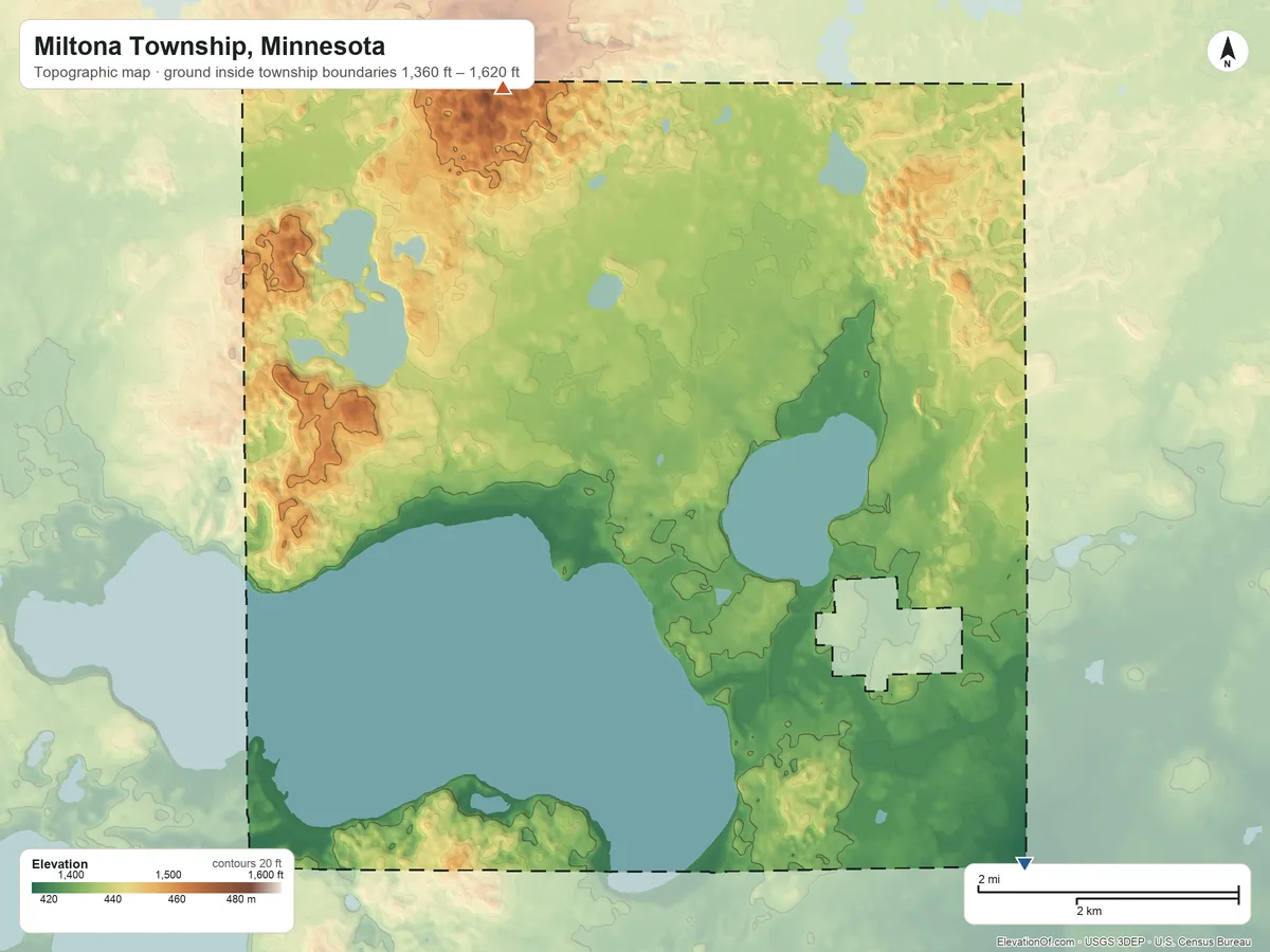 Topographic elevation map of Miltona Township, Minnesota, shaded from 1,360 ft on the southeast side to 1,620 ft on the north side
