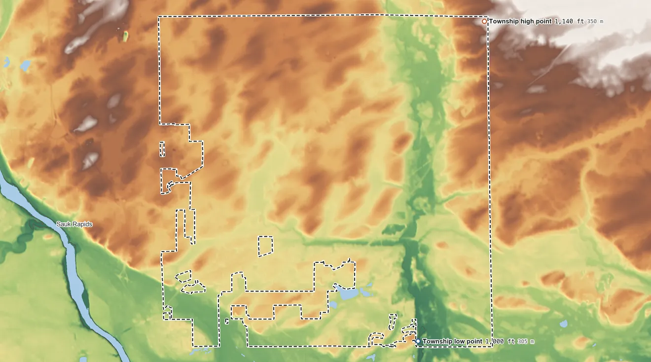 Topographic elevation map of Minden Township, Minnesota, shaded from 1,000 ft on the southeast side to 1,140 ft on the northeast side