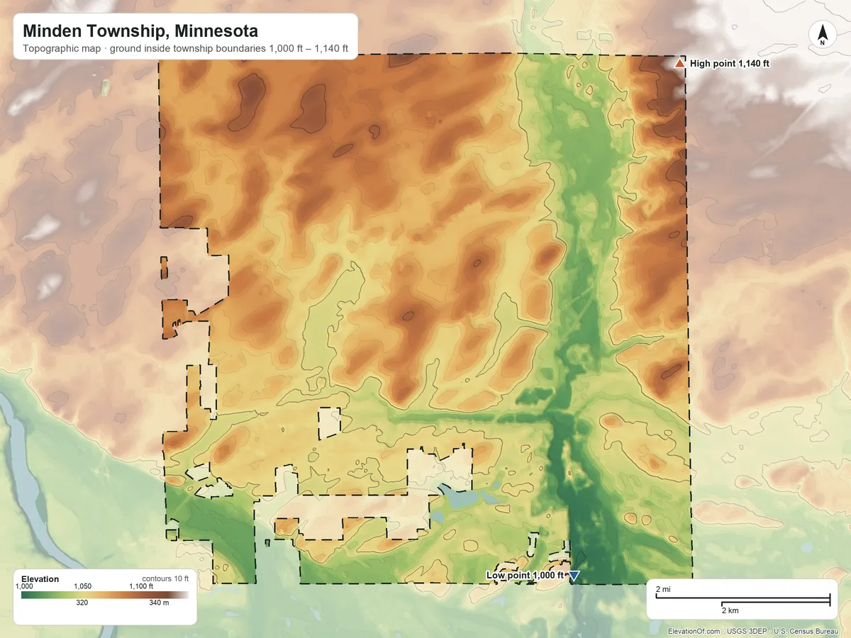 Topographic elevation map of Minden Township, Minnesota, shaded from 1,000 ft on the southeast side to 1,140 ft on the northeast side