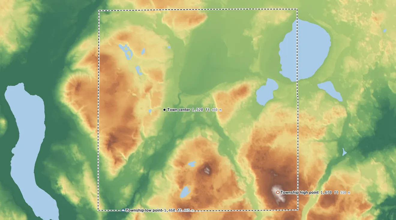 Topographic elevation map of Minerva Township, Minnesota, shaded from 1,460 ft on the south side to 1,670 ft on the southeast side
