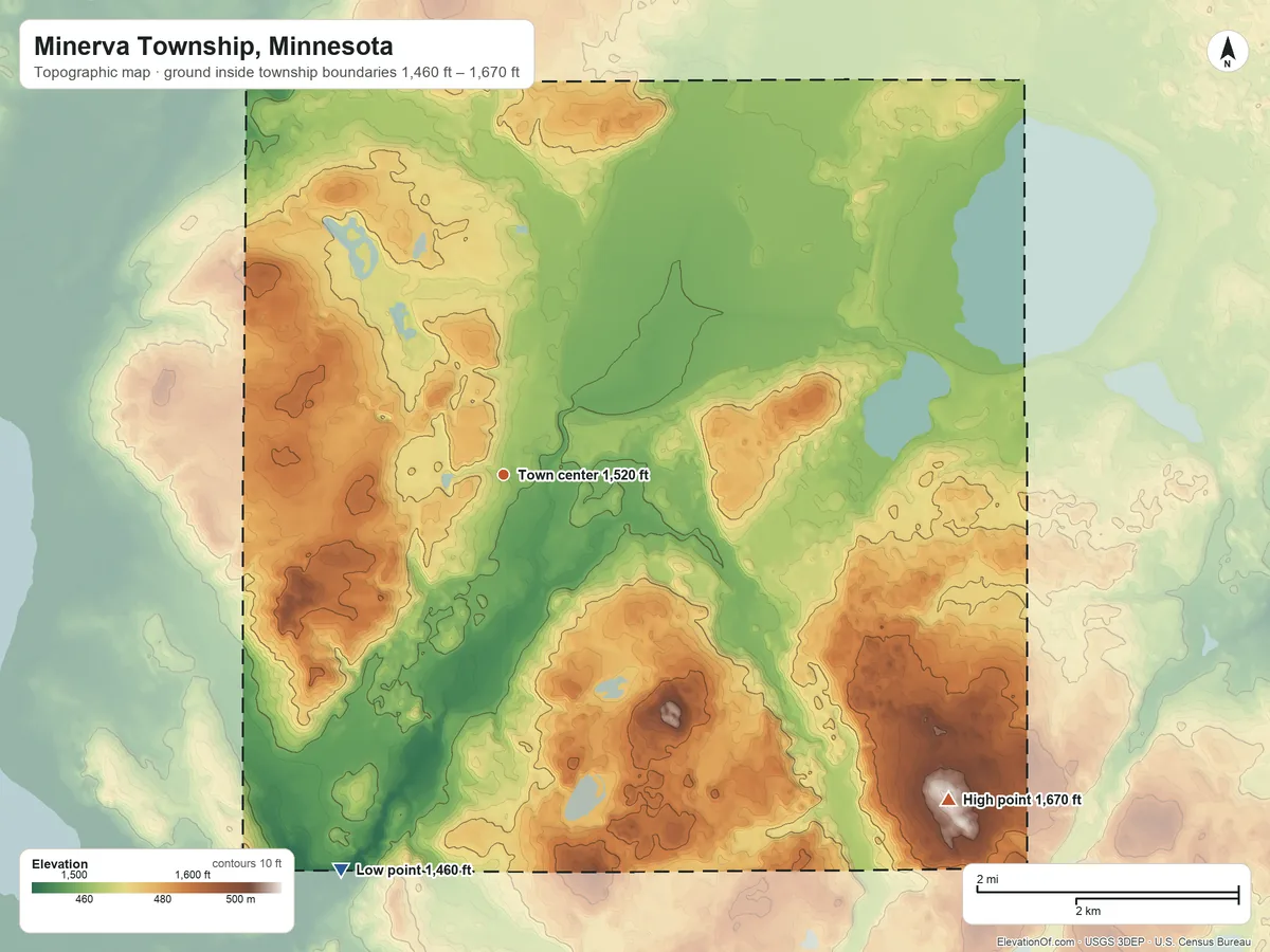 Topographic elevation map of Minerva Township, Minnesota, shaded from 1,460 ft on the south side to 1,670 ft on the southeast side