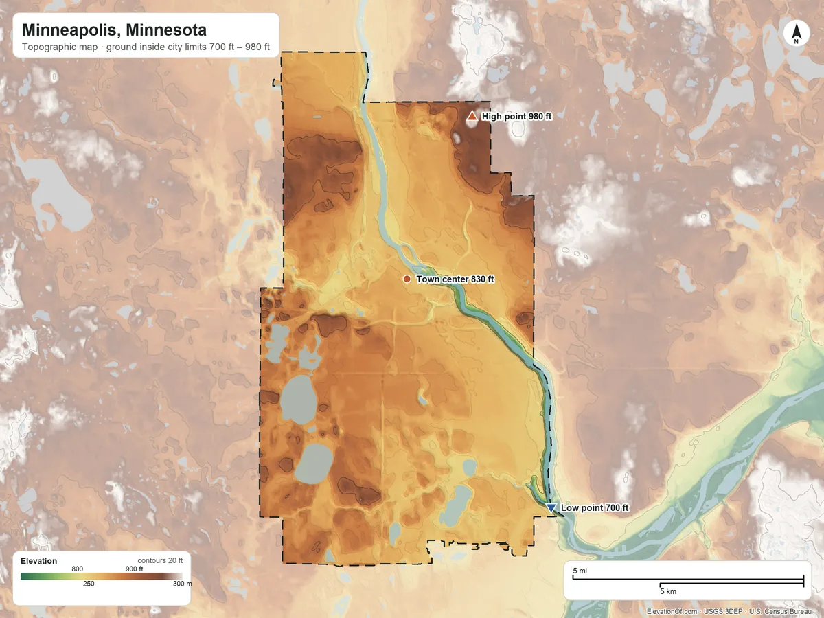 Topographic elevation map of Minneapolis, Minnesota, shaded from 700 ft on the southeast side to 980 ft on the north side