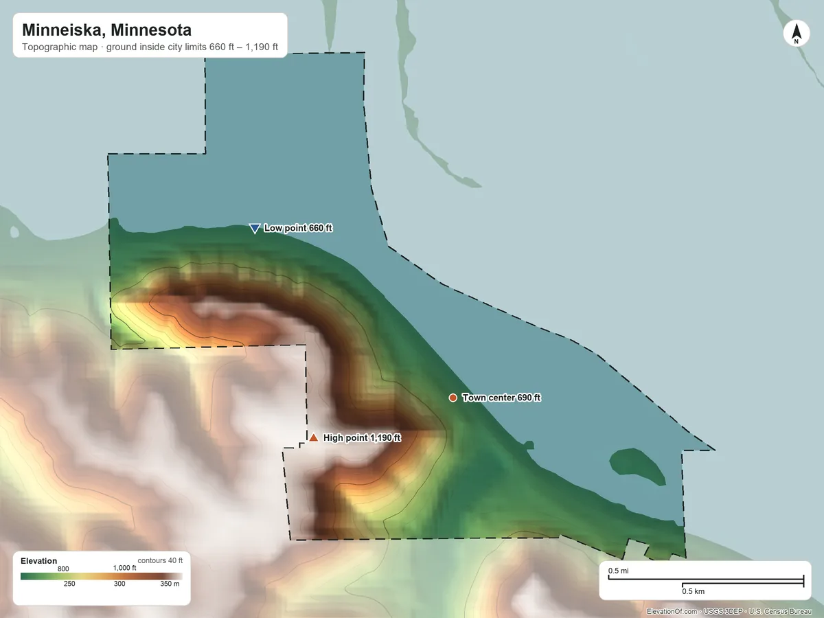Topographic elevation map of Minneiska, Minnesota, shaded from 660 ft on the northwest side to 1,190 ft on the west side