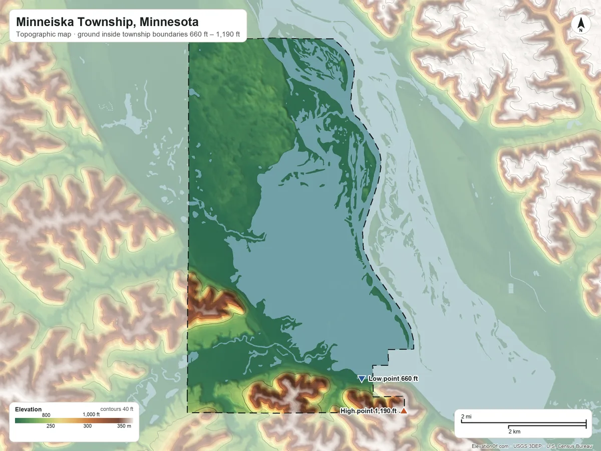 Topographic elevation map of Minneiska Township, Minnesota, shaded from 660 ft on the southeast side to 1,190 ft on the southeast side