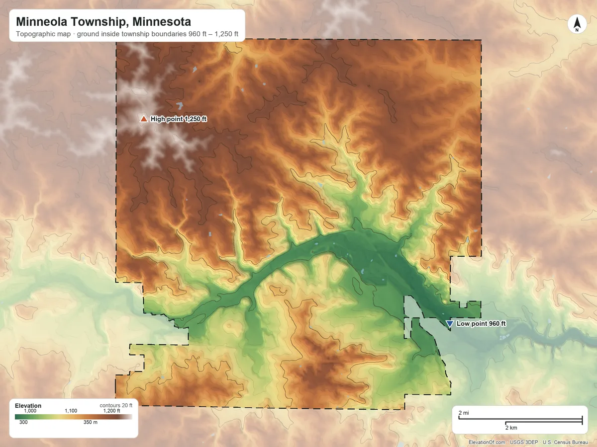 Topographic elevation map of Minneola Township, Minnesota, shaded from 960 ft on the southeast side to 1,250 ft on the northwest side