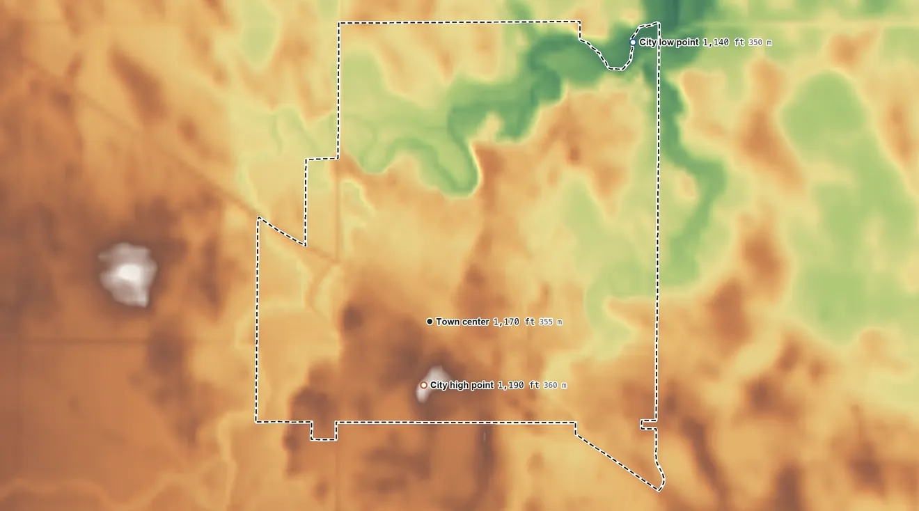 Topographic elevation map of Minneota, Minnesota, shaded from 1,140 ft on the northeast side to 1,190 ft on the south side