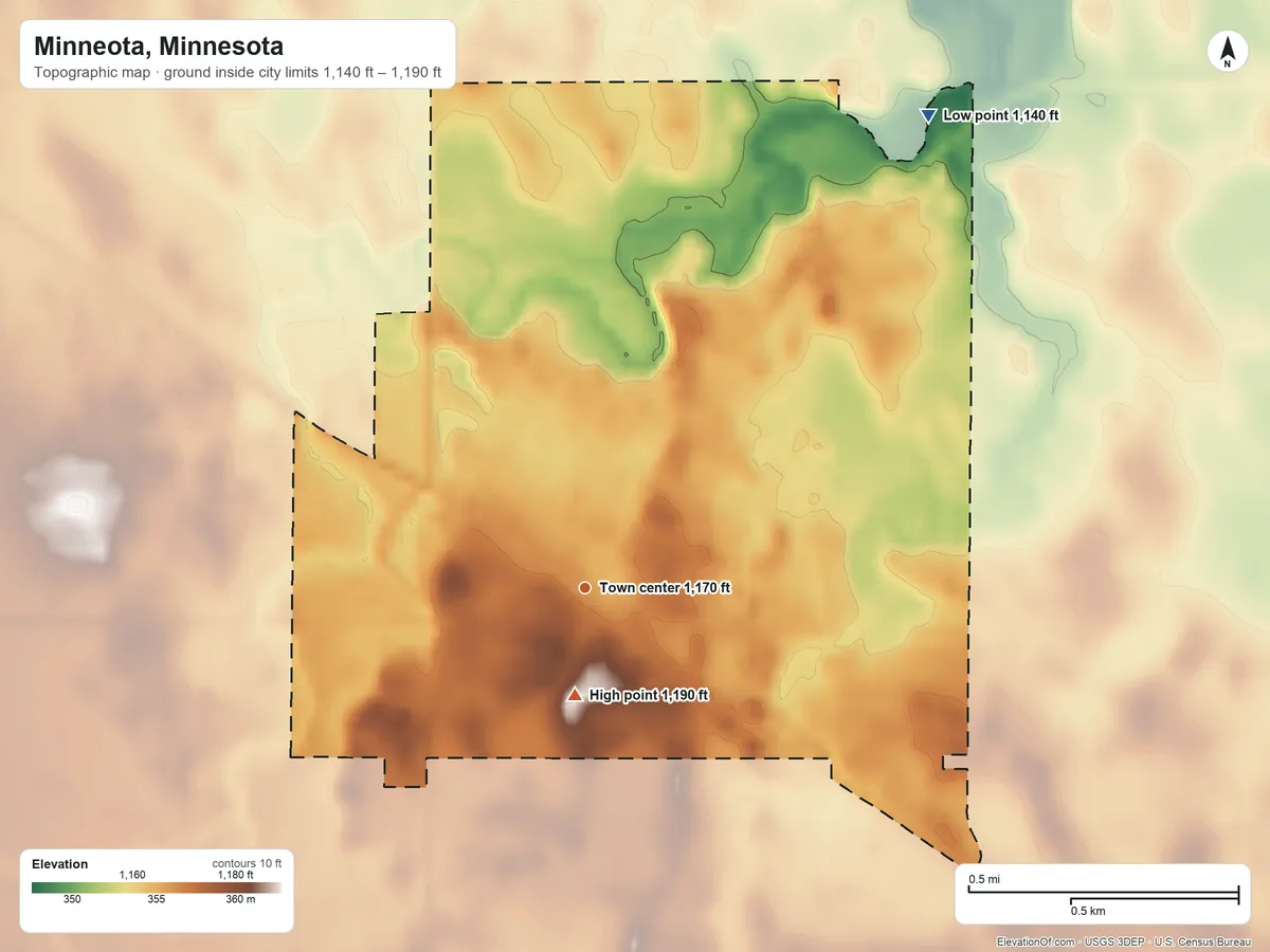 Topographic elevation map of Minneota, Minnesota, shaded from 1,140 ft on the northeast side to 1,190 ft on the south side