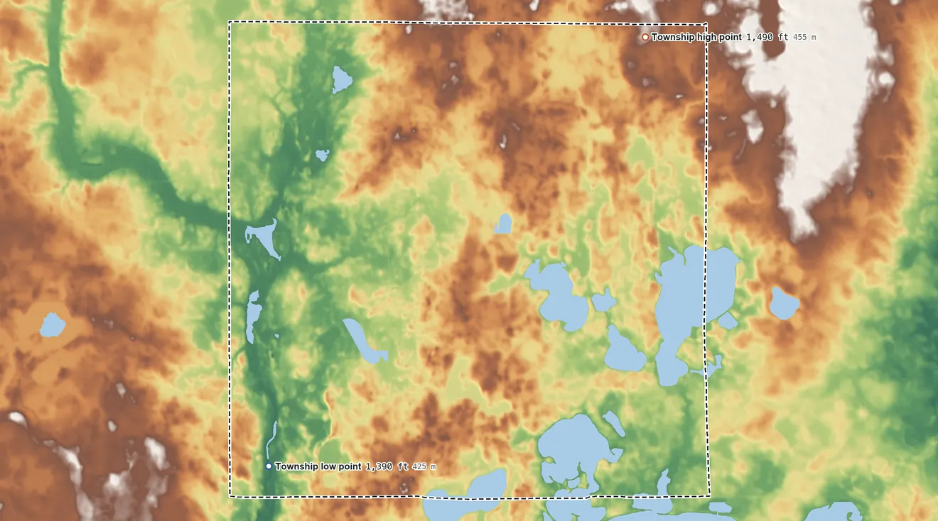 Topographic elevation map of Minneota Township, Minnesota, shaded from 1,390 ft on the southwest side to 1,490 ft on the northeast side