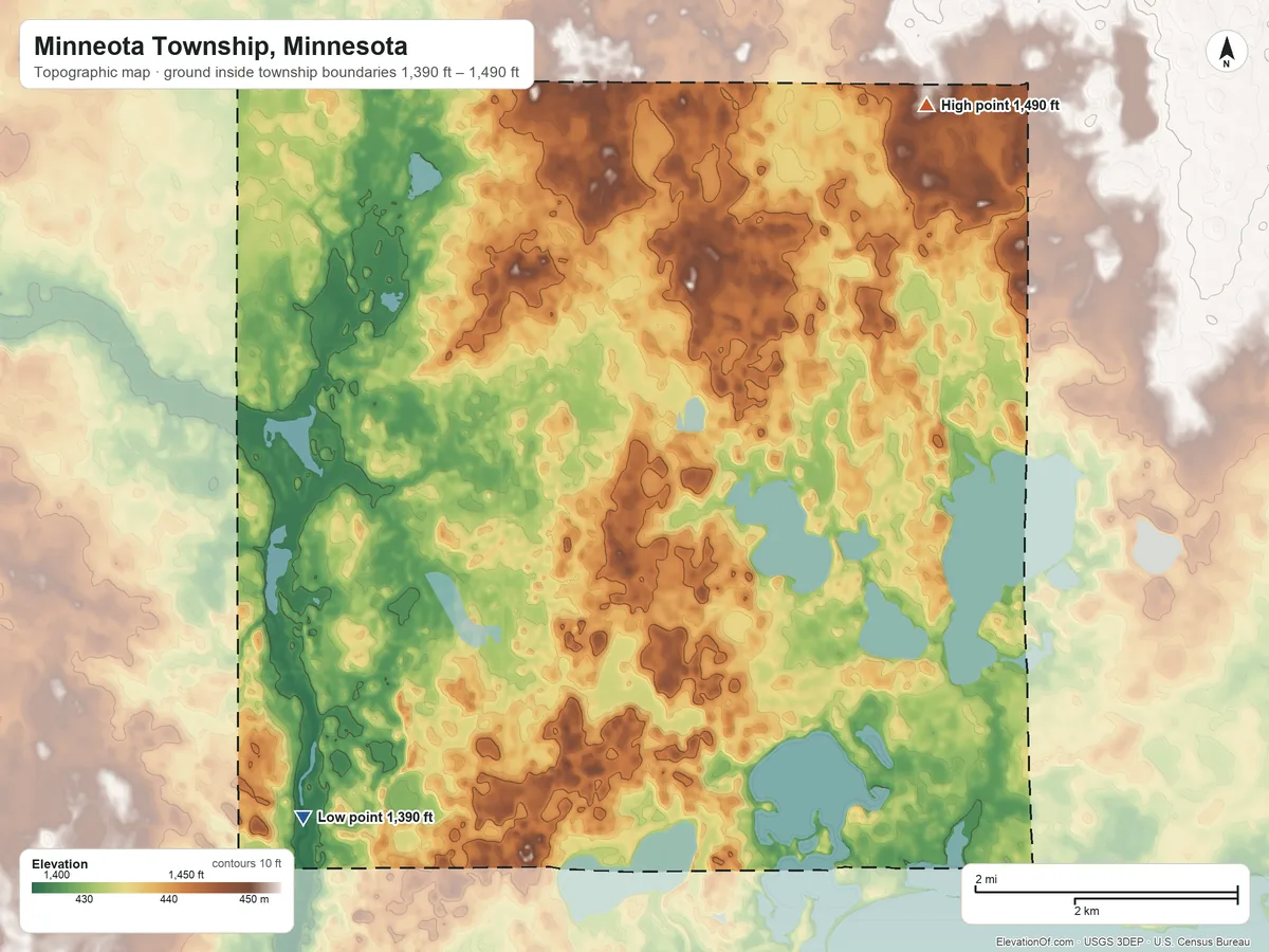 Topographic elevation map of Minneota Township, Minnesota, shaded from 1,390 ft on the southwest side to 1,490 ft on the northeast side