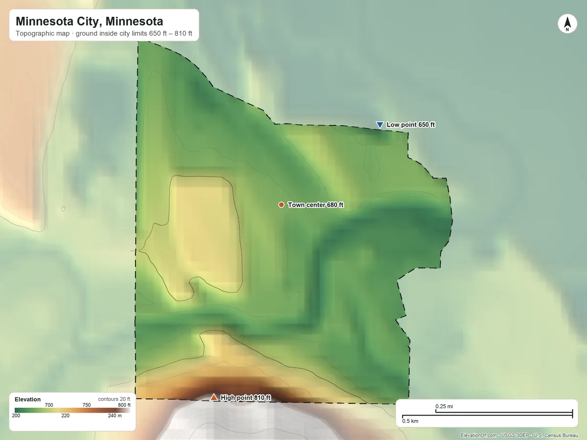 Topographic elevation map of Minnesota City, Minnesota, shaded from 650 ft on the northeast side to 810 ft on the south edge, below higher ground just outside
