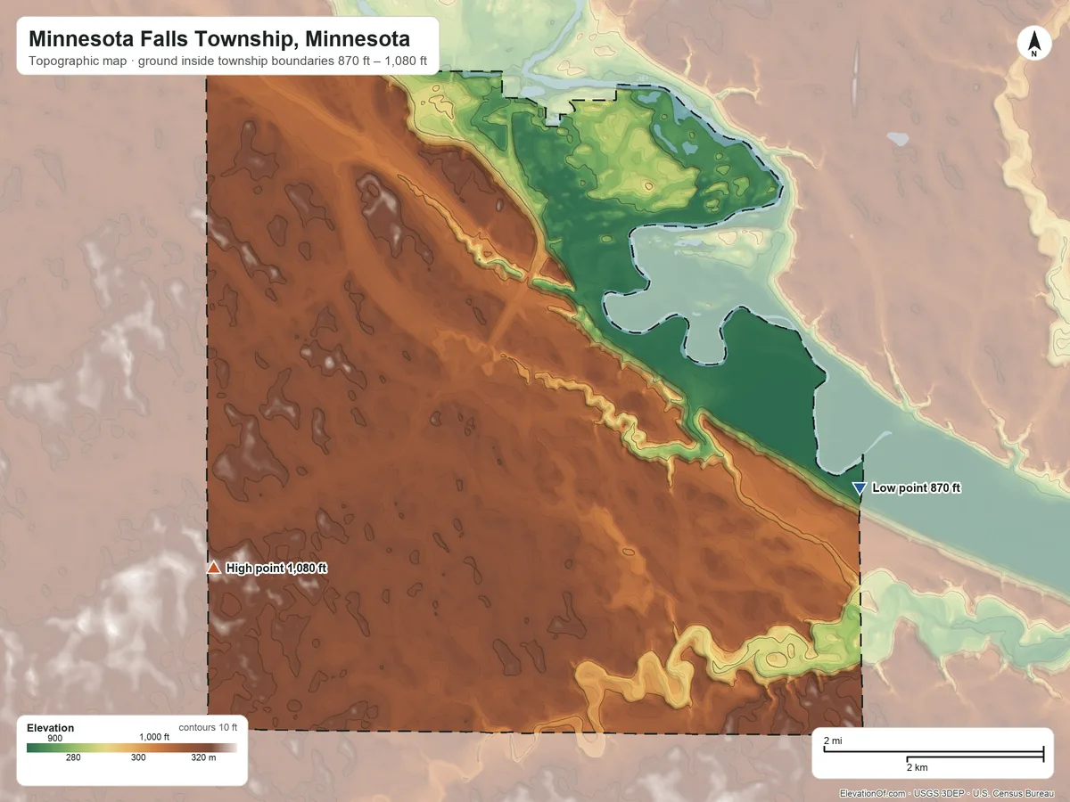 Topographic elevation map of Minnesota Falls Township, Minnesota, shaded from 870 ft on the east side to 1,080 ft on the southwest side