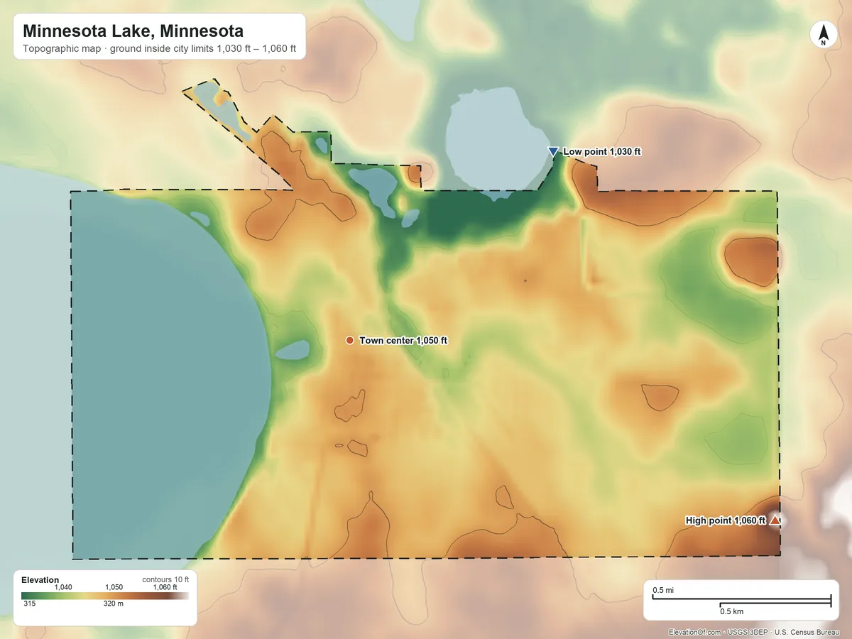 Topographic elevation map of Minnesota Lake, Minnesota, shaded from 1,030 ft on the northeast side to 1,060 ft on the southeast side