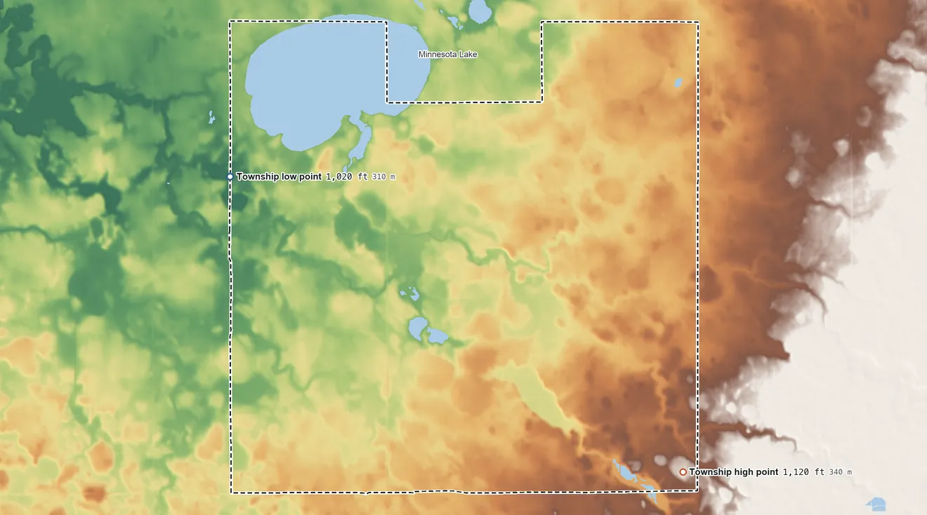 Topographic elevation map of Minnesota Lake Township, Minnesota, shaded from 1,020 ft on the west side to 1,120 ft on the southeast side