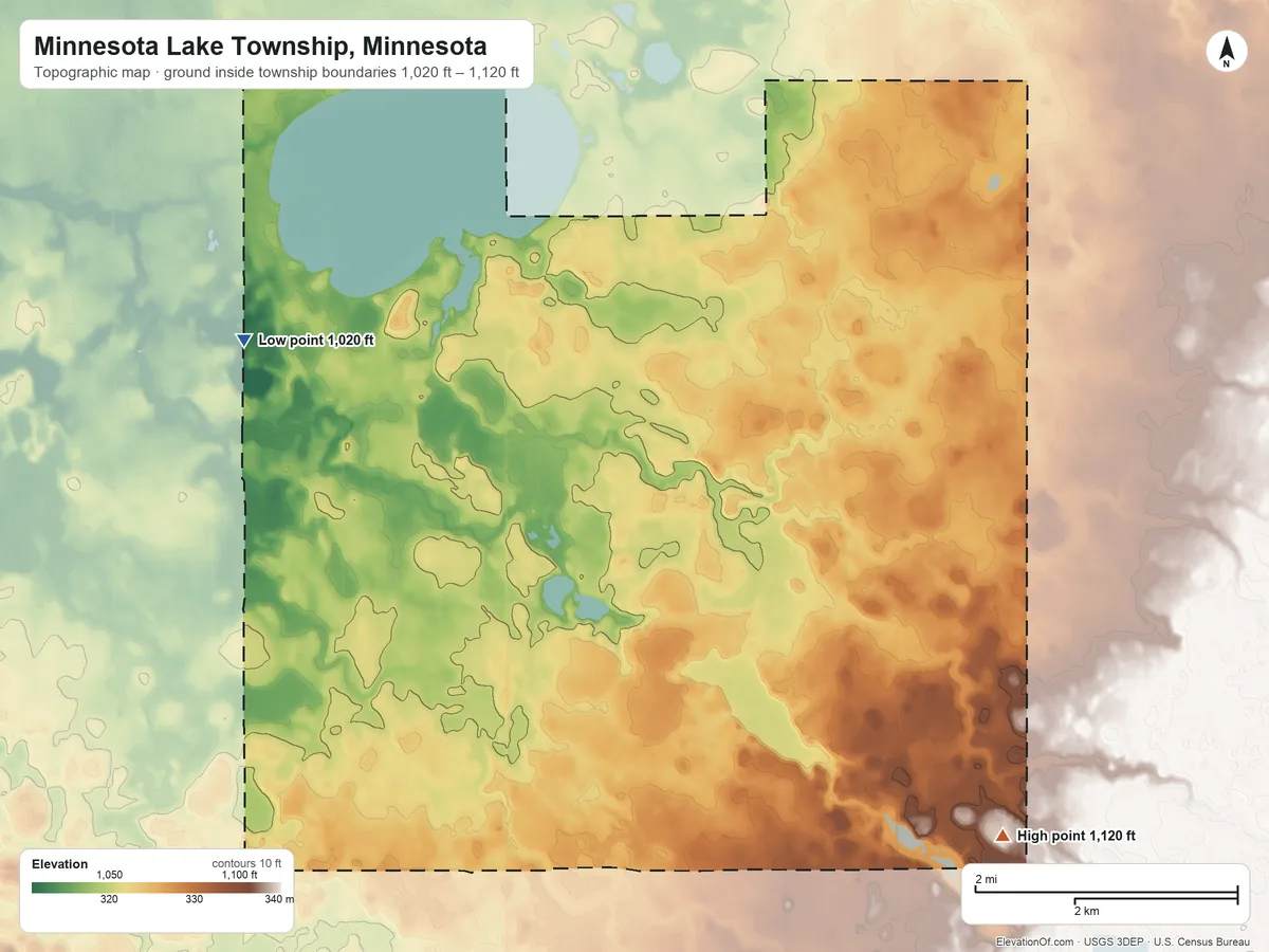 Topographic elevation map of Minnesota Lake Township, Minnesota, shaded from 1,020 ft on the west side to 1,120 ft on the southeast side