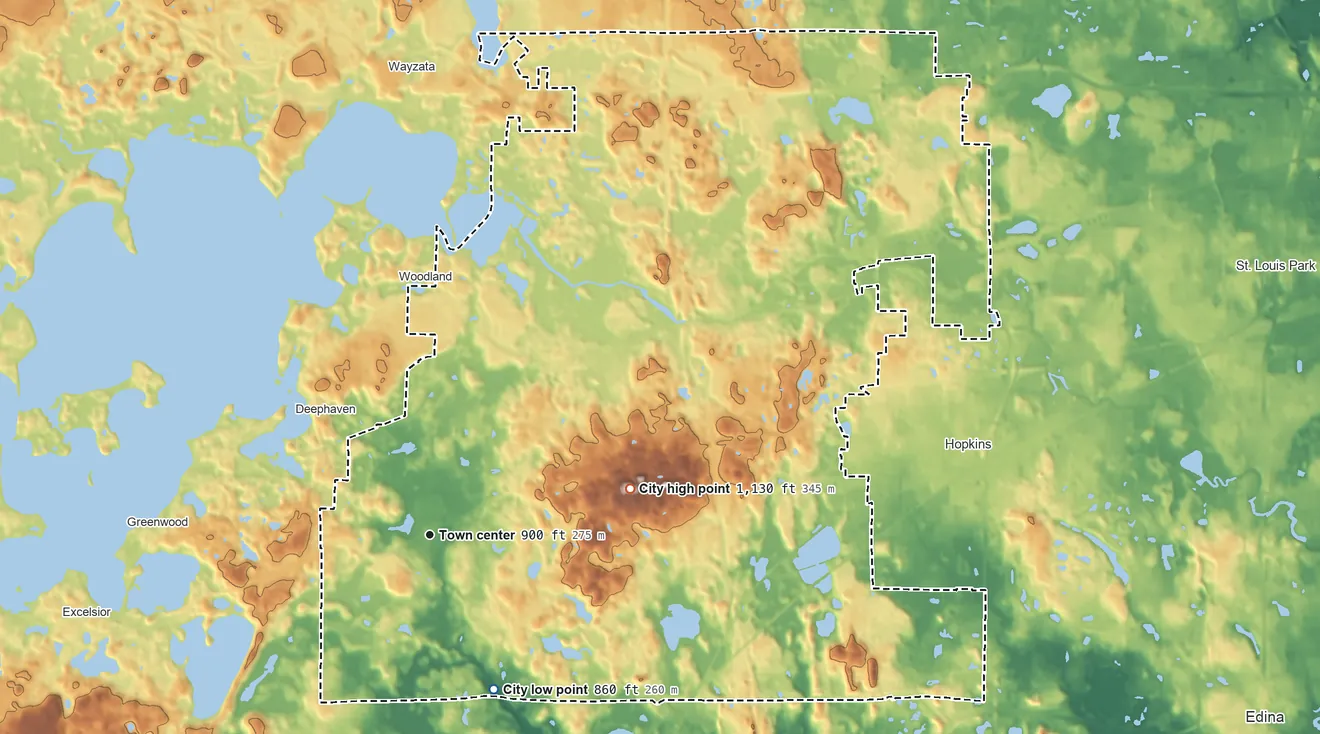 Topographic elevation map of Minnetonka, Minnesota, shaded from 860 ft on the southeast side to 1,130 ft on the east side