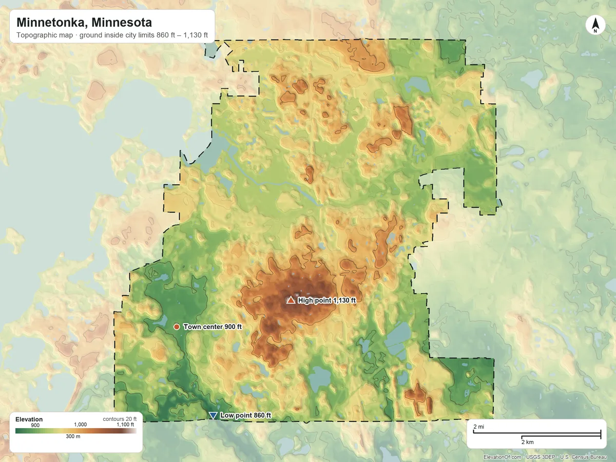 Topographic elevation map of Minnetonka, Minnesota, shaded from 860 ft on the southeast side to 1,130 ft on the east side