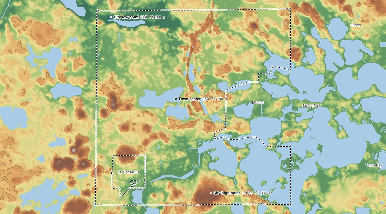 Topographic elevation map of Minnetrista, Minnesota, shaded from 920 ft on the northwest side to 1,080 ft on the south side