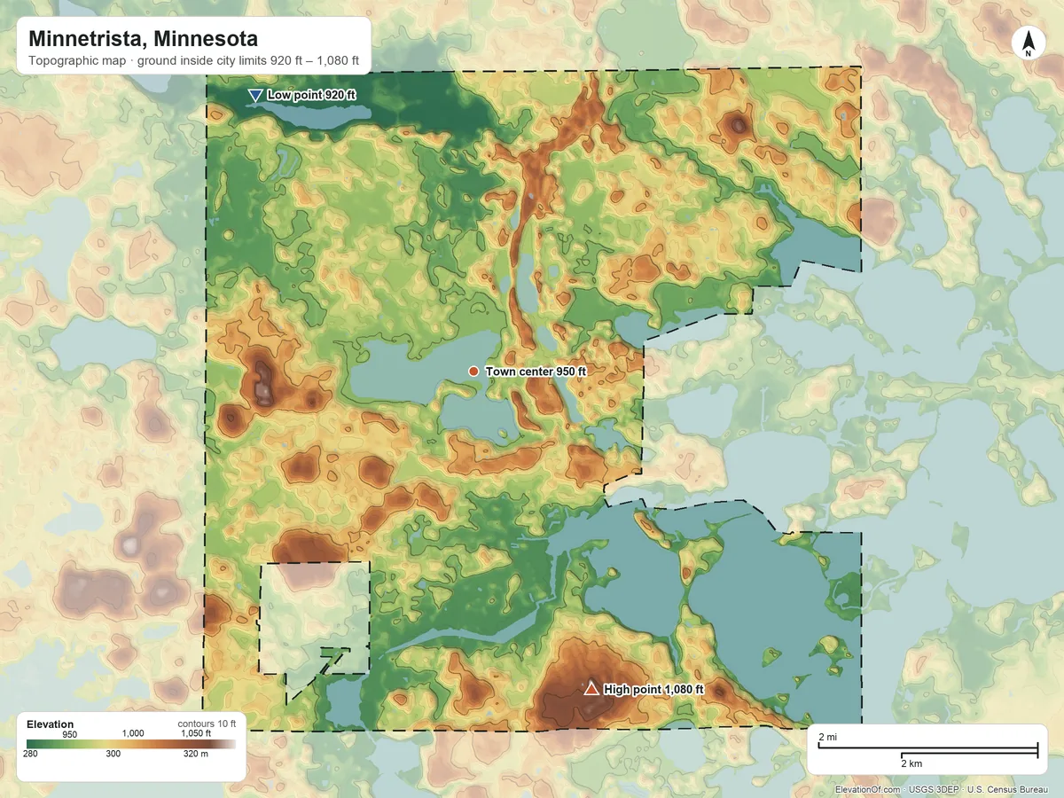 Topographic elevation map of Minnetrista, Minnesota, shaded from 920 ft on the northwest side to 1,080 ft on the south side