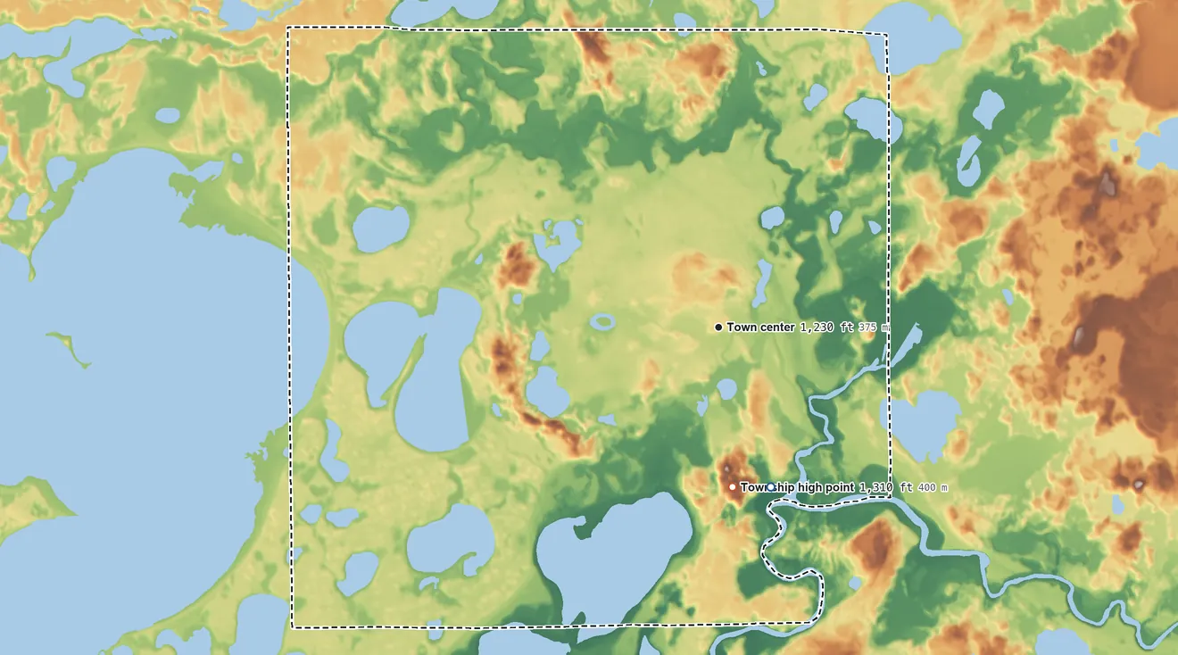 Topographic elevation map of Mission Township, Minnesota, shaded from 1,180 ft on the south side to 1,310 ft on the south side