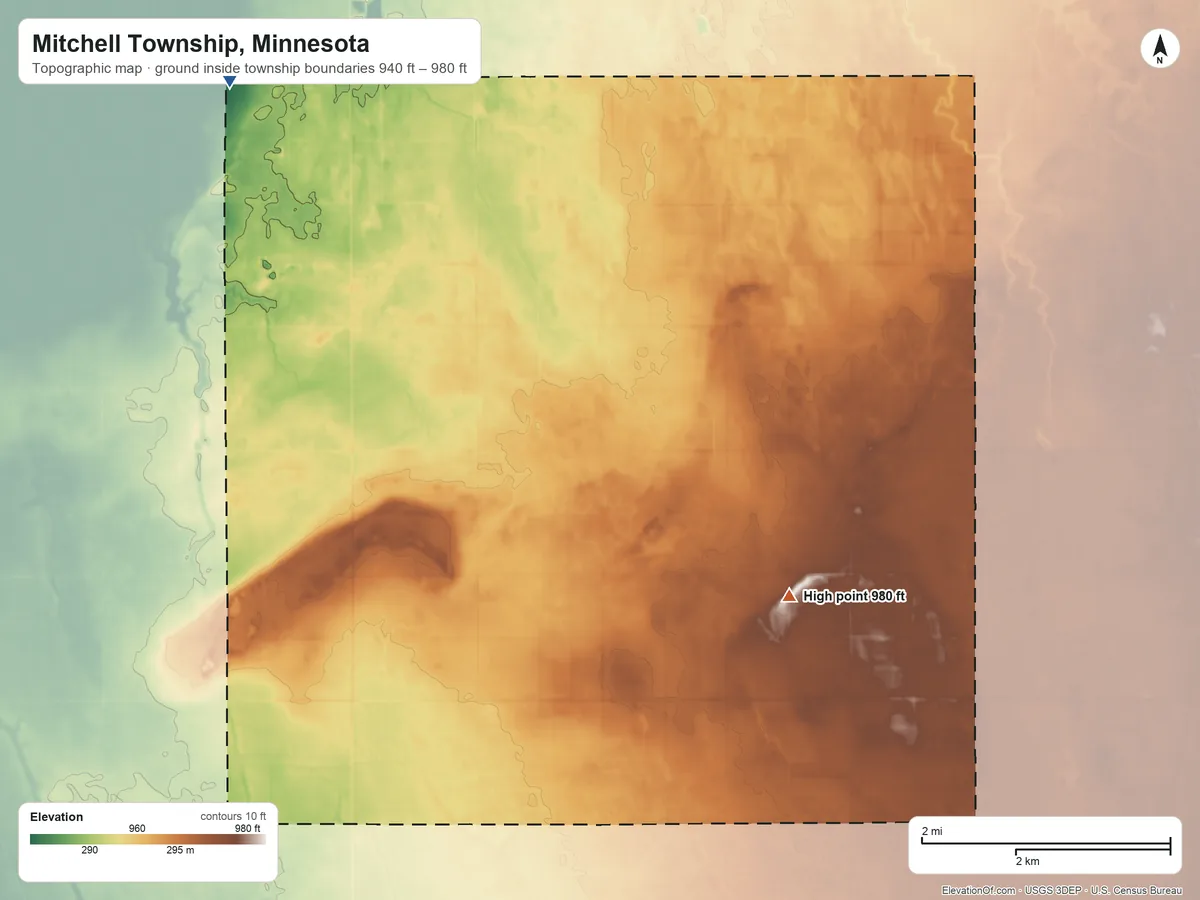 Topographic elevation map of Mitchell Township, Minnesota, shaded from 940 ft on the northwest side to 980 ft on the southeast side