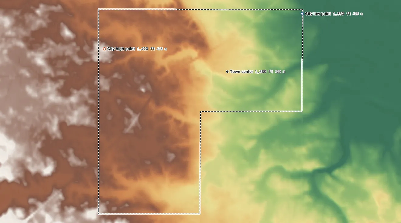 Topographic elevation map of Mizpah, Minnesota, shaded from 1,360 ft on the northeast side to 1,420 ft on the west side