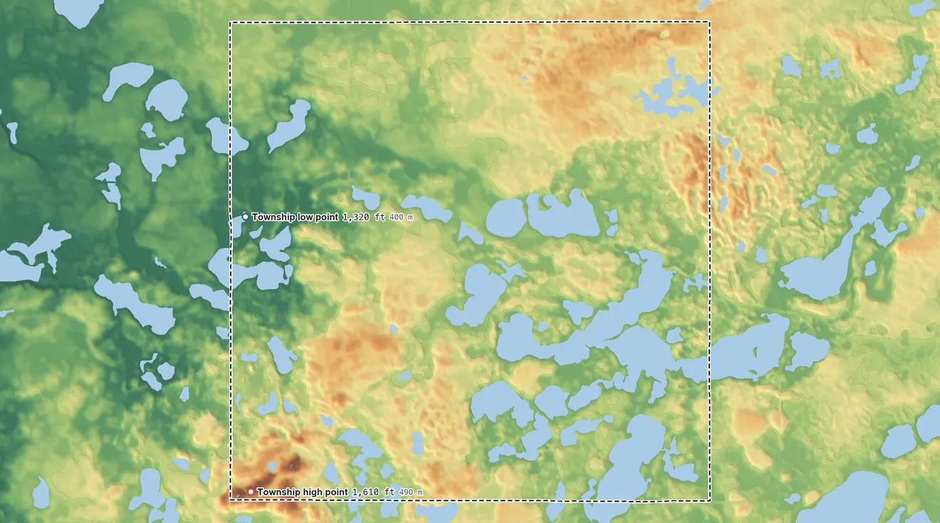 Topographic elevation map of Moe Township, Minnesota, shaded from 1,320 ft on the west side to 1,610 ft on the southwest side
