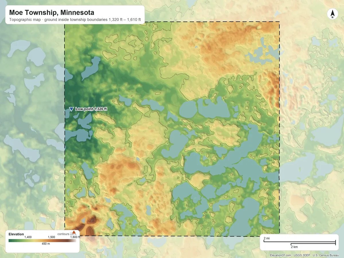 Topographic elevation map of Moe Township, Minnesota, shaded from 1,320 ft on the west side to 1,610 ft on the southwest side